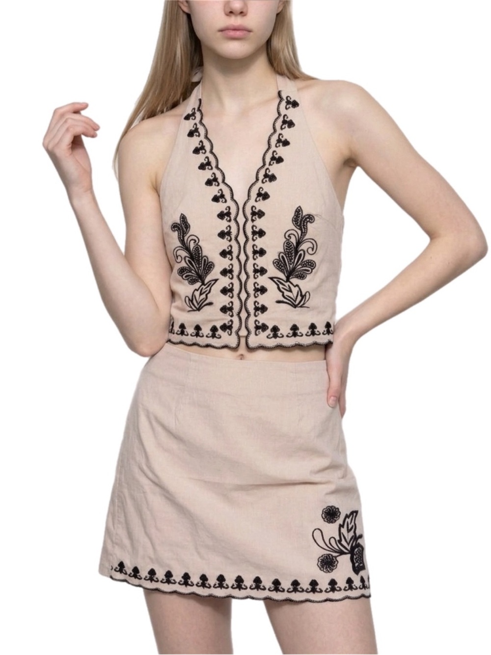 Beige Embroidered 2-Piece Set Halter Top & Skirt Medium Summer Resort Wear